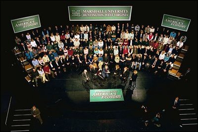 President Bush participates in a Conversation on Job Training at Marshall University in Huntington, W. Va., April 2, 2004. “Listen, technology is changing, and it races through our economy, but work skills don't change as quickly. And that's the challenge we face. We've got to make sure we get people trained,” said the President in his remarks. 