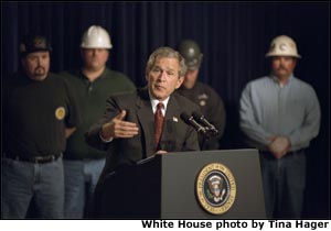 President George W. Bush meets with business and labor leader to discuss terrorism insurance in the Dwight D. Eisenhowser Executive Office Building Monday, April 8, 2002. ". . .we passed a bill in the House that basically put the federal government as a stopgap for terrorism insurance," said the President, outlining specific steps the government has taken to help the issue of insuring against possible attack. "Above a certain level of claim, the federal government would step in. And that's important. And now it's in the Senate, and the Senate needs to respond and act."