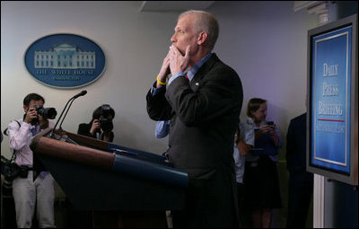 White House spokesman Tony Snow blows a kiss to the press corps Wednesday, Sept. 12, 2007, after delivering his final briefing in the James S. Brady Briefing Room. Said Mr. Snow, "This job has been the most fun I have ever had, the most satisfying, fulfilling job." 