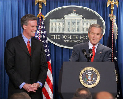 President George W. Bush introduces the new White House Press Secretary, Tony Snow, to the press in the James S. Brady Press Briefing Room Wednesday, April 26, 2006.