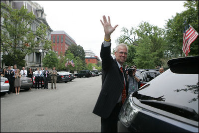 Former White House Press Secretary Tony Snow waves goodbye Sept. 14, 2007, as he departs the White House on his final day at the office. The 53-year-old spokesman died early Saturday, July 12, 2008, of cancer. Said the President in a statement, "The Snow family has lost a beloved husband and father. And America has lost a devoted public servant and a man of character."
