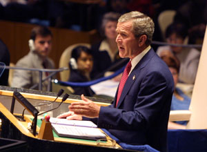 President George W. Bush addresses the United Nations General Assembly in New York City on the issues concerning Iraq Thursday, September 12. White House photo by Paul Morse. 