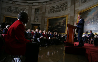 President George W. Bush speaks during the Congressional Gold Medal ceremony for the Tuskegee Airmen Thursday, March 29, 2007, at the U.S. Capitol. Said the President, “The Tuskegee Airmen helped win a war, and you helped change our nation for the better. Yours is the story of the human spirit, and it ends like all great stories do – with wisdom and lessons and hope for tomorrow.” White House photo by Eric Draper