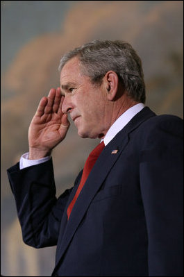 President George W. Bush salutes members of the Tuskegee Airmen during ceremonies at the U.S. Capitol Thursday, March 29, 2007, honoring America’s first African-American military airmen with the Congressional Gold Medal. The President told the men, “I would like to offer a gesture to help atone for all the unreturned salutes and unforgivable indignities. And so, on behalf of the office I hold, and a country that honors you, I salute you for the service to the United States of America.” White House photo by Eric Draper