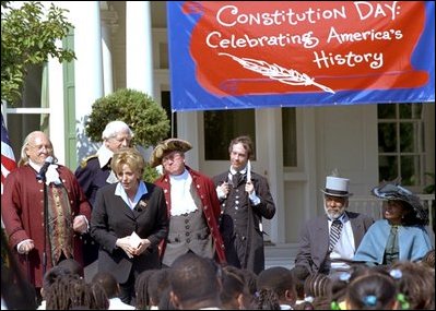 Lynne Cheney welcomes 200 second grade students to the Naval Observatory to celebrate the signing of the U.S. Constitution Sept. 17, 2002. Participating students are from Garrison Elementary, J.O. Wilson Elementary, and the Chamberlain and Woodridge campuses of Friendship-Edison Public Charter Schools.