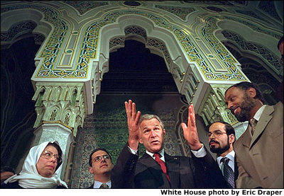 Photo of President George W. Bush at the Islamic Center. White House photo by Eric Draper.