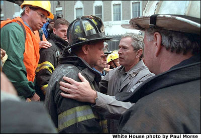 President Bush meets with New York firefighters at Ground Zero Sept. 14. White House photo by Paul Morse.