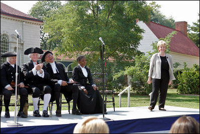 Lynne Cheney enjoys a laugh with American Founding Fathers and historical figure Harriet Tubman during a Constitution Day 2005 celebration at George Washington's Mount Vernon Estate Friday, September 16, 2005. The event, which celebrates the anniversary of the signing of the U.S. Constitution 218 years ago, was offered to a group of fourth graders from local Fairfax County public schools.