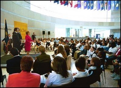 Lynne Cheney addresses Philadelphia area school children in the Grand Hall Lobby before a tour of the National Constitution Center in celebration of Constitution Day in Philadelphia Wednesday, Sept. 17, 2003.