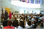 Lynne Cheney addresses Philadelphia area school children in the Grand Hall Lobby before a tour of the National Constitution Center in celebration of Constitution Day in Philadelphia Wednesday, Sept. 17, 2003.