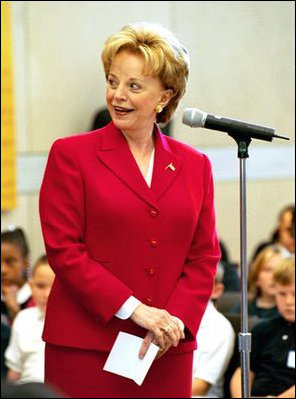 Lynne Cheney reacts as historical actors playing the roles of the founding fathers enter the stage during a Constitution Day celebration hosted by Mrs. Cheney at the National Constitution Center in Philadelphia Wednesday, Sept. 17, 2003.