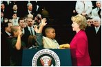 Lynne Cheney gives the Presidential Oath of Office to a group of Philadelphia area school children in an interactive exhibit at the National Constitution Center in Philadelphia Wednesday, Sept. 17, 2003. The new National Constitution Center opened July 4th, 2003 in Philadelphia's Independence National Historical Park.