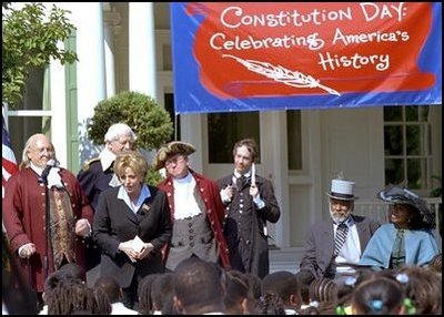 Lynne Cheney welcomes 200 second grade students to the Naval Observatory to celebrate the signing of the U.S. Constitution Sept. 17, 2002. Participating students are from Garrison Elementary, J.O. Wilson Elementary, and the Chamberlain and Woodridge campuses of Friendship-Edison Public Charter Schools.