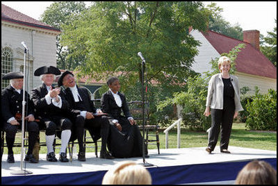 Lynne Cheney enjoys a laugh with American Founding Fathers and historical figure Harriet Tubman during a Constitution Day 2005 celebration at George Washington's Mount Vernon Estate Friday, September 16, 2005. The event, which celebrates the anniversary of the signing of the U.S. Constitution 218 years ago, was offered to a group of fourth graders from local Fairfax County public schools. 