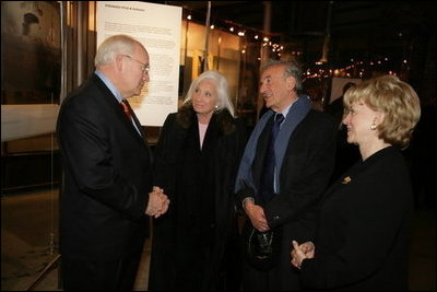 Nobel Peace Prize winner Elie Wiesel and his wife Marion Wiesel talk with Vice President Dick Cheney and his wife Lynne Cheney during a reception for holocaust survivors at the Galicia Jewish Museum in Krakow, Poland, Jan. 26, 2005. The Wiesel's, holocaust survivors themselves, were part of a United States delegation to Poland, led by Vice President Cheney to take part in ceremonies commemorating the 60th Anniversary of the liberation of the Auschwitz camps. White House photo by David Bohrer 