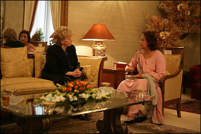 Mrs. Lynne Cheney meets with Mrs. Schbe Musharraf, wife of Pakistani President Pervez Musharraf, in Islamabad, Pakistan December 20, 2005. The Vice President and Mrs. Cheney visited Pakistan to discuss US relief efforts and survey the damage following the 7.6 magnitude earthquake of October 8, 2005. The quake occurred in one of the most mountainous and inaccessible regions of Pakistan, took more than 73,000 lives and left 2.8 million people homeless. As of December 2005 the US had responded to the disaster by providing winterized shelter for over 31,000 families and pledging a total of $510 million in relief and reconstruction efforts.