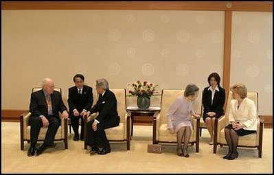 During a meeting at the Imperial Palace, Vice President Cheney and Mrs. Cheney talk with Japanese Emperor Akihito and Empress Michiko in Tokyo April 13, 2004.