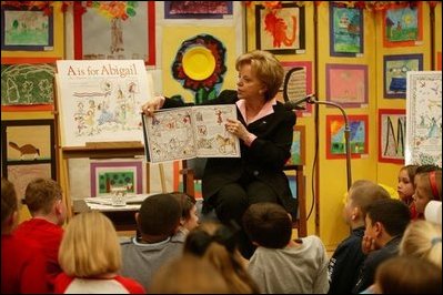 Lynne Cheney shares ideas from her book "A is for Abigail: An Almanac of Amazing American Women" with more than 80 third grade students from Ashurst Elementary School and Russell Elementary School on Marine Corps Base, Quantico, Va., Oct. 23, 2003. This is the second children's book authored by Mrs. Cheney designed to educate children about American History. Mrs. Cheney's proceeds from the book will be donated to charity.