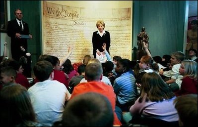 Mrs. Cheney takes questions during her talk with students at the Education Center at James Madison’s Montpelier in Montpelier Station, VA on Thursday, March 11, 2004. Mrs. Cheney shared her passion for learning and teaching America’s history with students from Orange and Gordon-Barbour Elementary Schools.