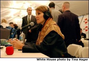Advisor to the Vice President Mary Matalin takes part in one of many interviews during the White House Radio Day Wednesday, Oct 30. White House photo by Tina Hager.