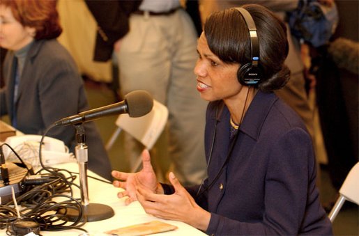 National Security Advisor Condoleezza Rice discusses current issues in an interview at the White House Radio Day Wednesday, Oct 30. White House photo by Tina Hager.
