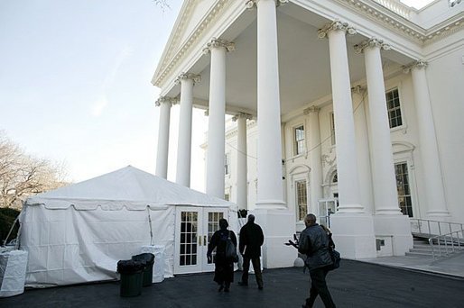 Radio journalists from all over the country gather in a tent outside the North Portico of the White House for a full day of interviews with senior staff and Cabinet Secretaries Wednesday, Jan. 21, 2004. White House photo by Paul Morse.