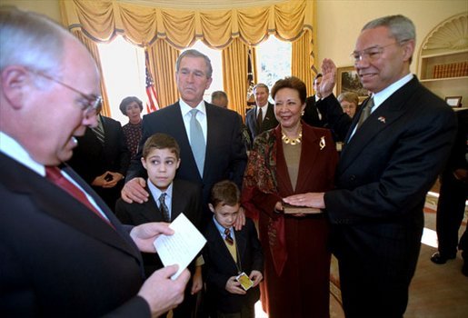 President George W. Bush and Vice President Cheney swear in Secretary of State Colin Powell in the Oval Office Jan. 26, 2001. “Today, America calls on Colin Powell again,” said the President. “He is a leader who understands that America must work closely with our friends in times of calm if we want to be able to call on them in times of crisis. He understands that our nation is at its best when we project our strength and purpose with humility. I know of no better person to be the face and voice of American diplomacy than Colin Powell. His dignity and integrity will add to the strength and authority of America around the world." White House photo by Eric Draper.
