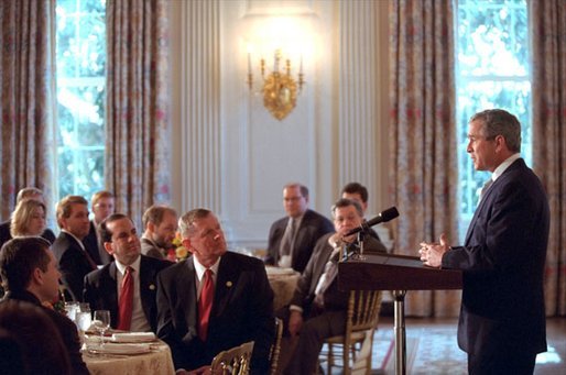 President George W. Bush addresses freshman members of Congress in the State Dining Room Jan. 26, 2001. “Welcome to the people’s house,” said the President. “I look forward to working with you all. I come to Washington with a positive spirit of the possible.” White House photo by Eric Draper.