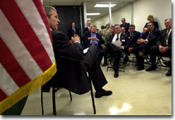 President George W. Bush speaks to area farmers during a meeting at North Dakota State University, Thursday, Mar 8