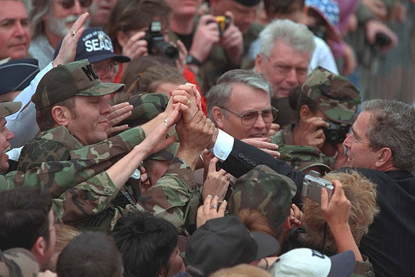 President Bush shakes hands with troops at Tyndall Air Force Base in Florida.