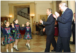Children present a traditional Irish dance in the East Room for the President and the Prime Minister of Ireland.