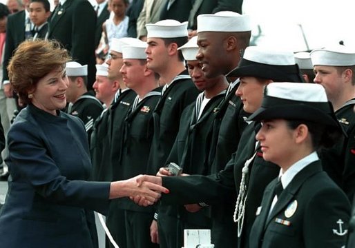 Laura Bush greets sailors aboard the USS Shiloh during a Troops to Teachers recruitment event in San Diego, March 23, 2001. White House photo by Paul Morse.