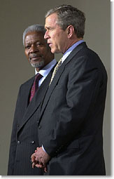 President Bush speaks before a meeting with United Nations Secretary General Kofi Annan outside the oval office March 23, 2001.