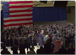 President George W. Bush speaks in front of the Southwest Michigan First Coalition/Kalamazoo Chamber of Commerce at Western Michigan University.