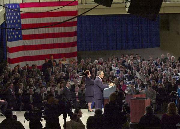 President George W. Bush speaks in front of the Southwest Michigan First Coalition/Kalamazoo Chamber of Commerce at Western Michigan University. 