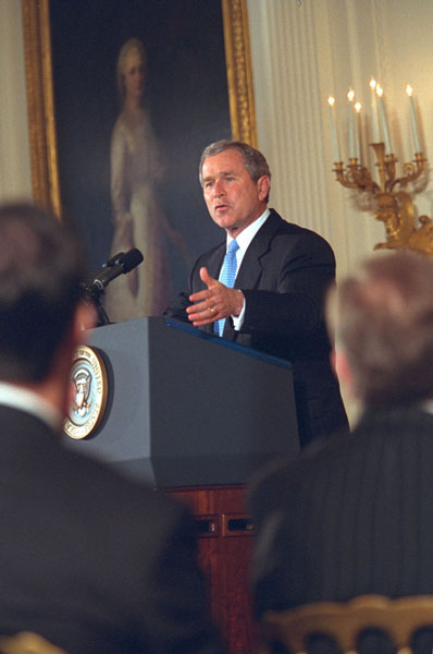 President Bush speaks to high tech leaders in the East Room. White House photo by Paul Morse.