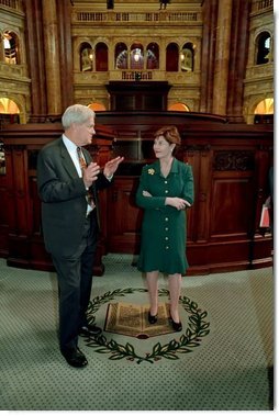 Laura Bush is given a tour of the reading room of the Library of Congress by Dr. James Billington Washington, D.C. April 3, 2001.  White House photo by Eric Draper