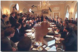 President Bush discusses the budget in the Cabinet Room with his Cabinet.