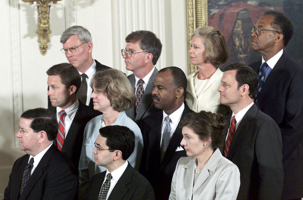Federal judicial nominees listen to President George W. Bush as he announces their nominations. WHITE HOUSE PHOTO BY BRIAN LEHNHARDT