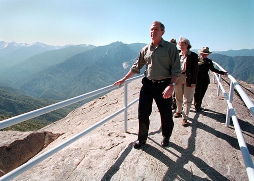 President George W. Bush tours Moro Rock in the Sequoia National Park during his trip to California, Wednesday, May 30. White House photo by Paul Morse