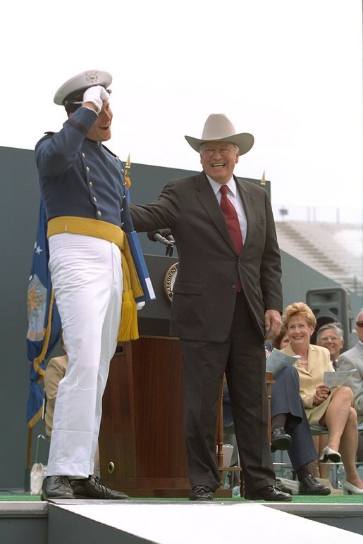 Donning his own style of graduation cap, Vice President Cheney participates in the U.S. Air Force Academy Commencement ceremonies at Falcon Stadium in Colorado Springs, CO May 30, 2001. White House photo by David Bohrer