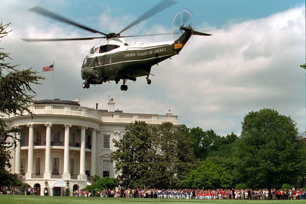 President George W. Bush arrives aboard Marine One from Camp David for the Tee Ball on the South Lawn event Sunday, May 7. WHITE HOUSE PHOTO BY DAVID BOHRER