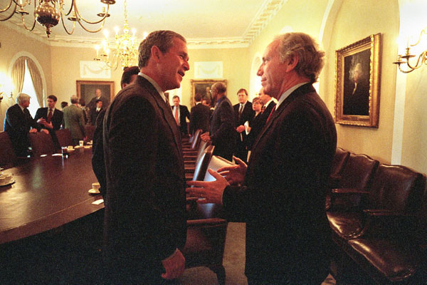 President George W. Bush speaks to Sen. Joseph Lieberman before a meeting with Senate education leaders in the White House Tuesday, June 5. WHITE HOUSE PHOTO BY PAUL MORSE