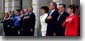 President George W. Bush and the First Lady Laura Bush and the American delegation during the playing the American national anthem with the president of Poland Aleksander Kwasniewski and Mrs. Kwasniewski during an arrival ceremony at the Polish Presidential Palace