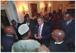 President George W. Bush talks with African leaders following his meeting with African presidents in the Cabinet Room, Thursday, June 28, 2001. WHITE HOUSE PHOTO BY ERIC DRAPER
