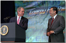 President Bush praised Secretary of Energy Spencer Abraham during a speech about energy efficiency Thursday, June 28 at the Department of Energy. WHITE HOUSE PHOTO BY ERIC DRAPER