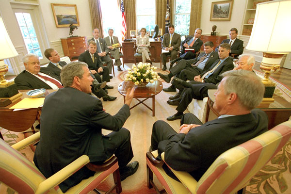 President Bush meets with the democratic members of Congress in the Oval Office July 12, 2001 to discuss the bipartisan-sponsored plan to improve Medicare. White House photo by Paul Morse. . White House photo by Paul Morse. .
