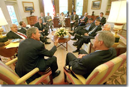 President Bush meets with the democratic members of Congress in the Oval Office July 12, 2001 to discuss the bipartisan-sponsored plan to improve Medicare. White House photo by Paul Morse.