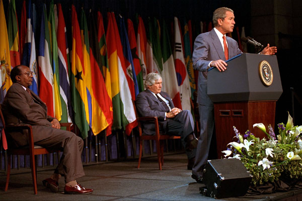 Addressing the World bank in Washington, D.C., President Bush outlines his plans to discuss the needs of developing nations with European leaders during this week's trip to Europe. White House photo by Moreen Ishikawa.