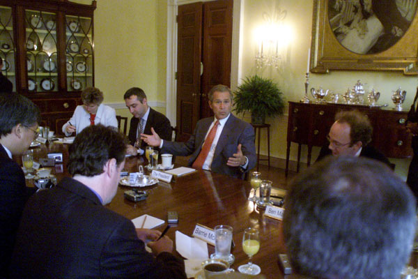 President Bush meets with a roundtable of journalists from Europe at the Worldbank Headquarters in Washington, D.C., July 17, 2001, to discuss his current trip there this week. White House photo by Moreen Ishikawa.